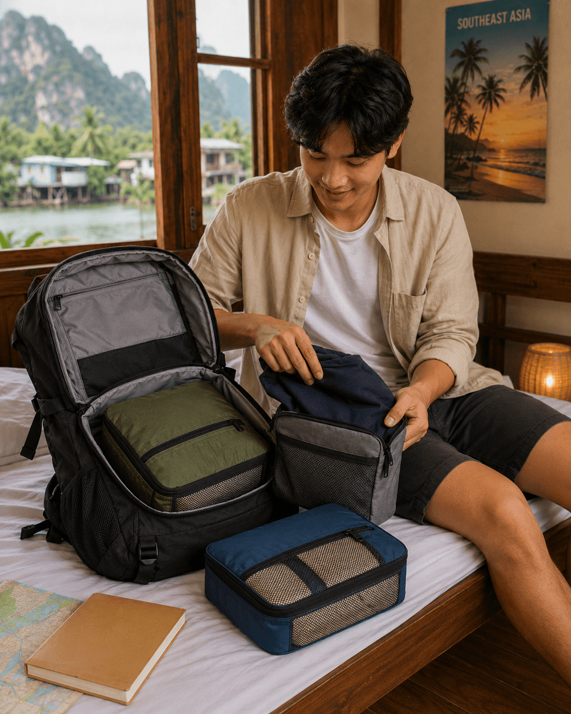 Backpacker pakt zijn travelkit in