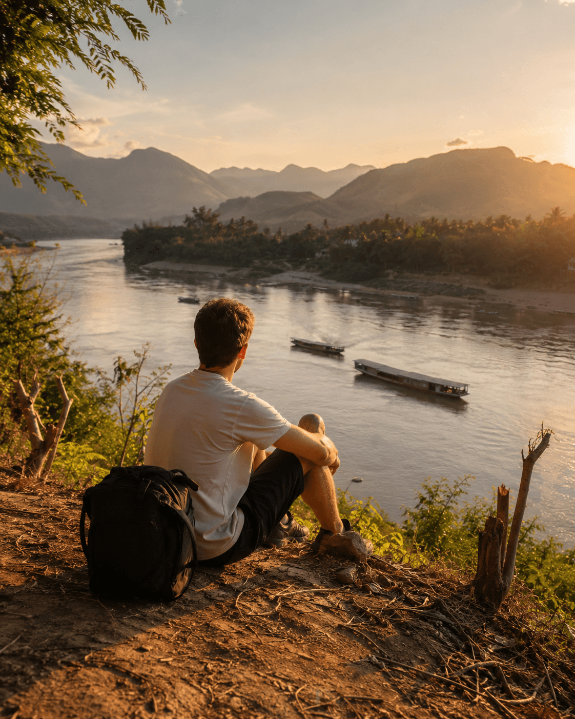 Backpacker geniet van een zonsondergang boven de rivier in Zuidoost-Azië