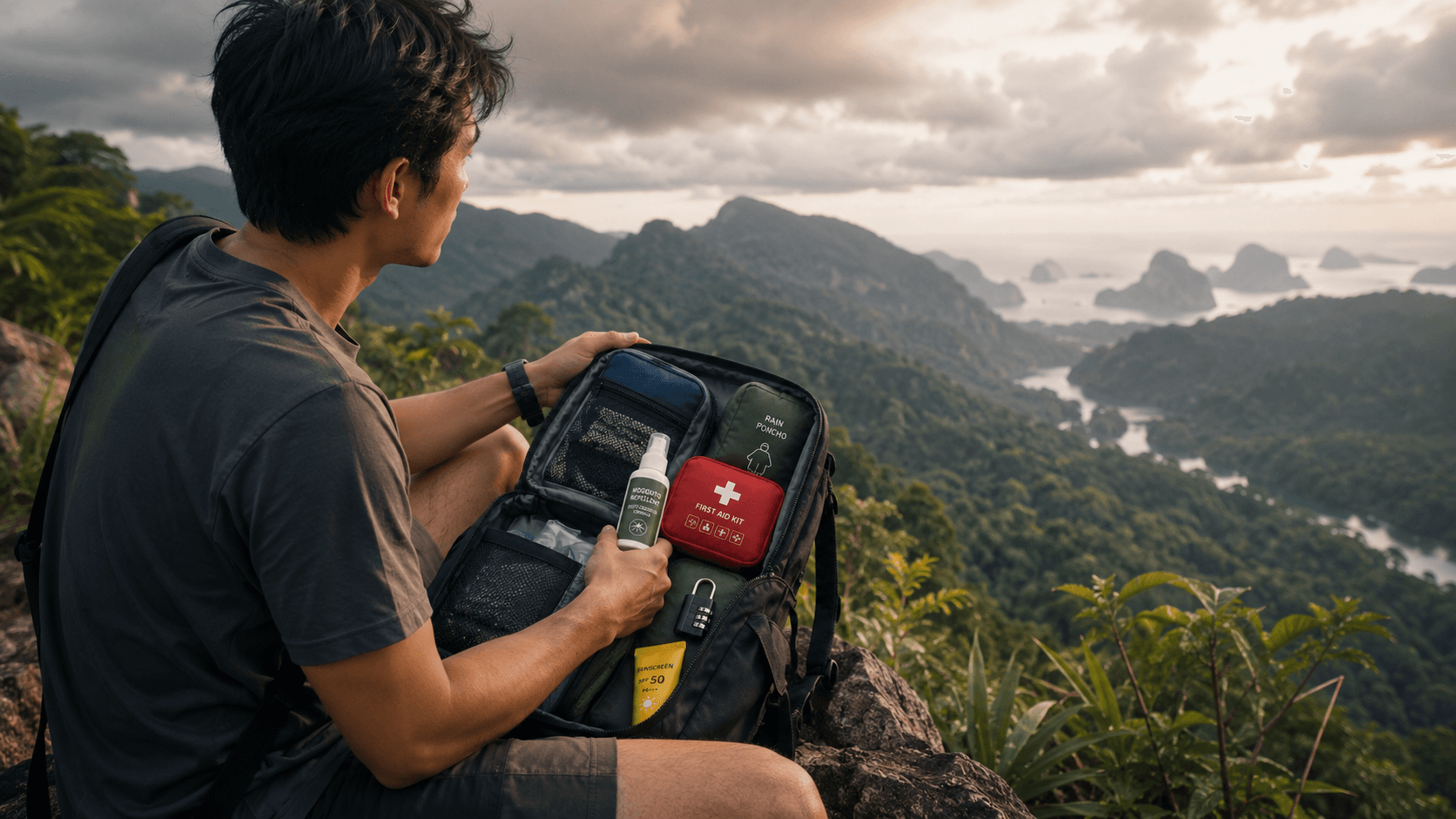 Backpacker met zijn GoPrepped-kit op een uitkijkpunt boven de baai